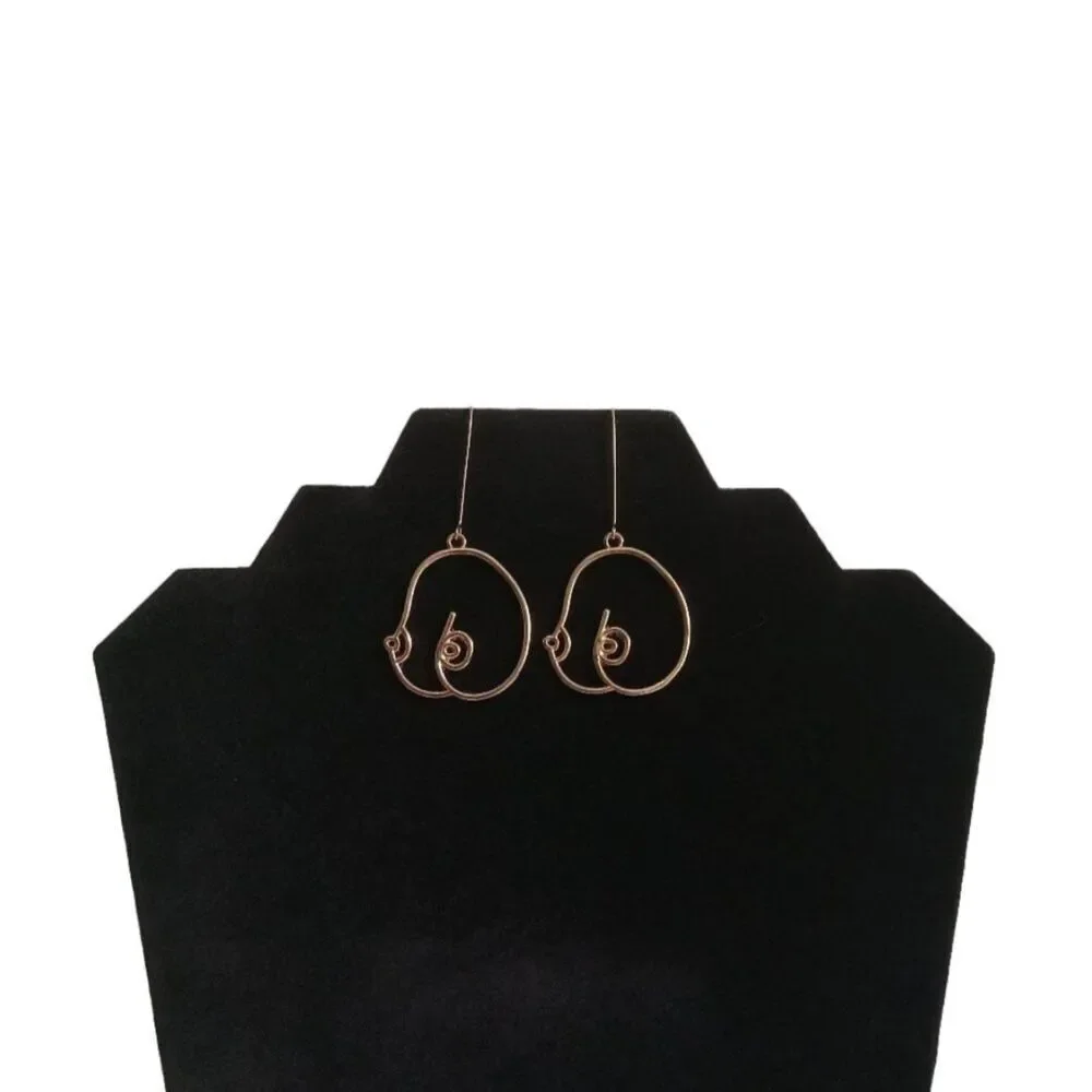Gold Toned Abstract Women's Breast Lightweight Wire Metal Chest Dangle Earrings